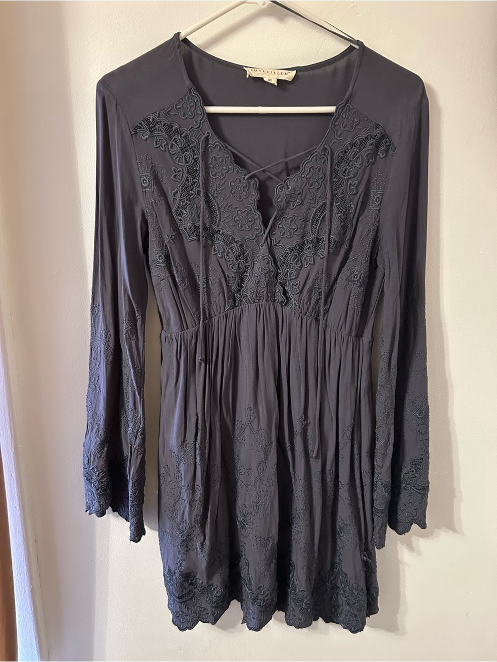 lovestitch Slate Gray Lace-Trim Peasant Top